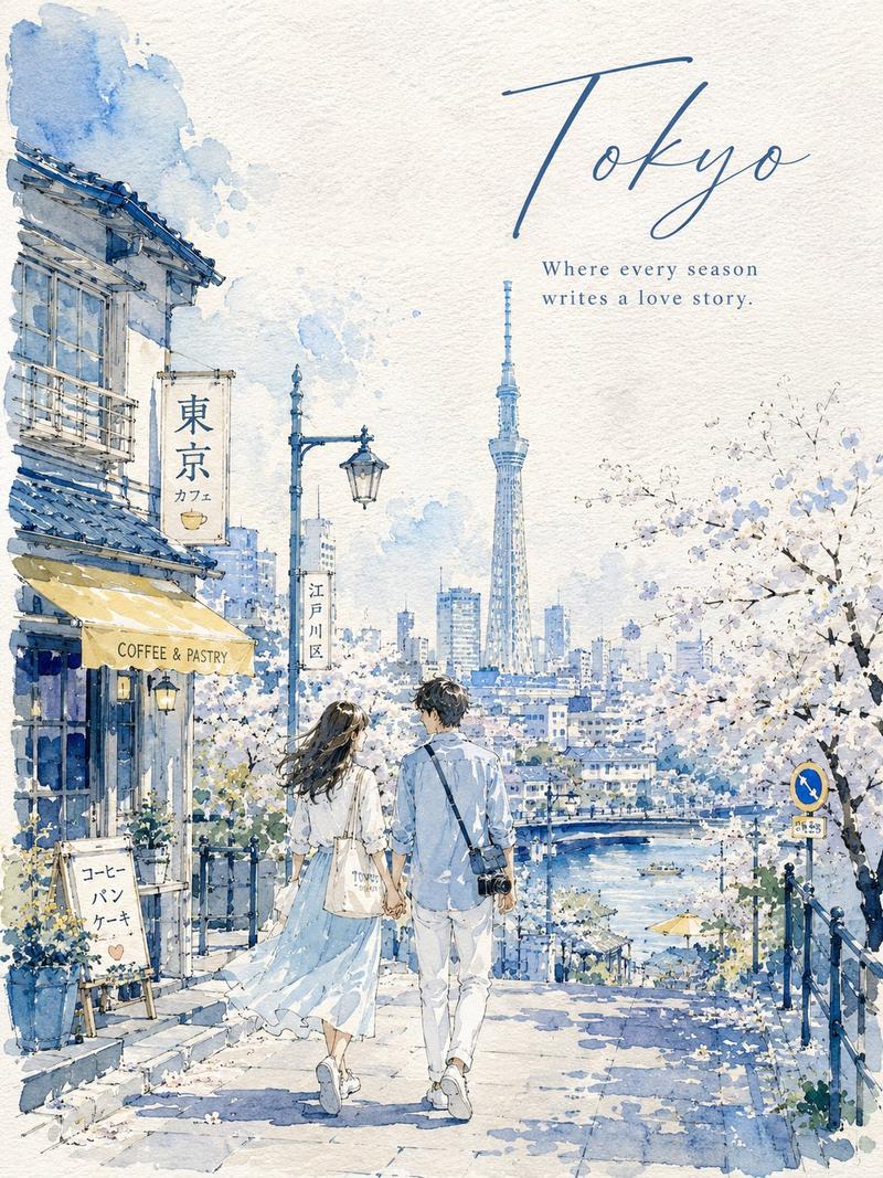浪漫城市夏日水彩素描旅行海报