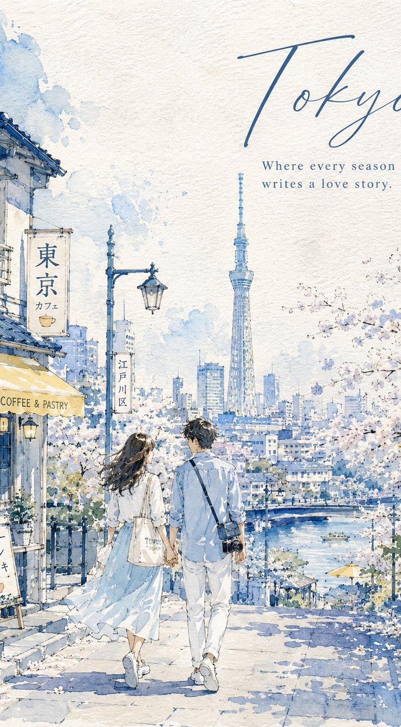 浪漫城市夏日水彩素描旅行海报