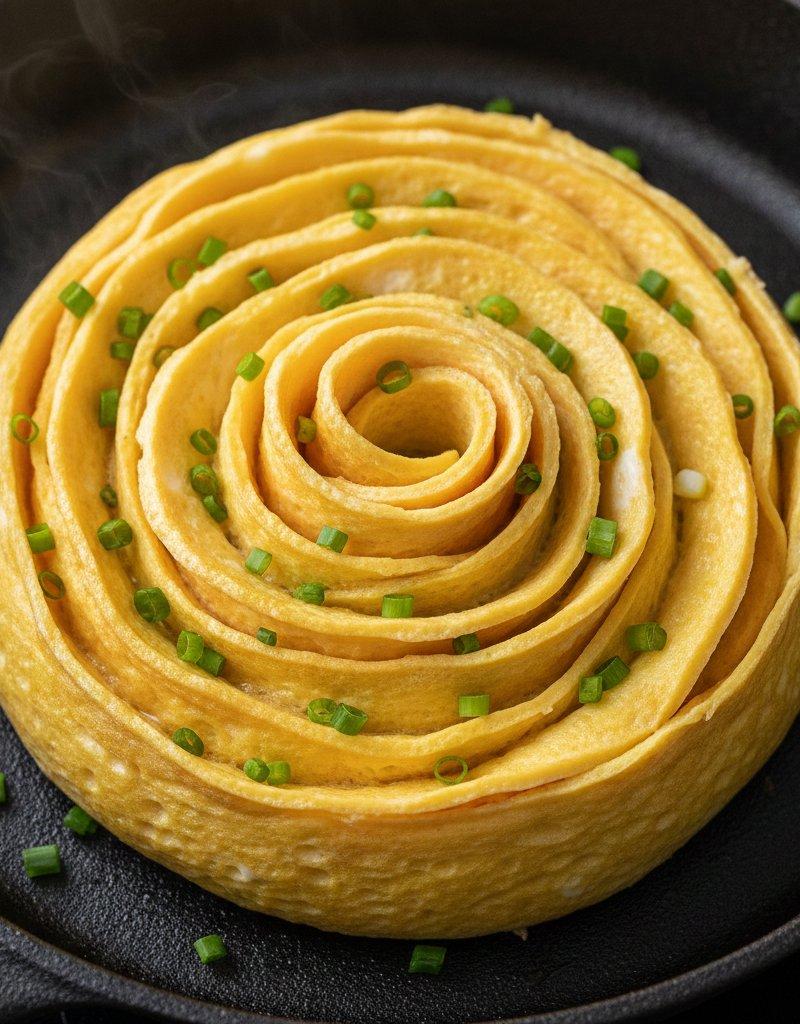 铸铁锅里的玫瑰花形玉子烧特写
