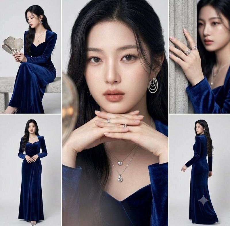 皇家蓝天鹅绒礼服东亚女性珠宝时尚拼贴