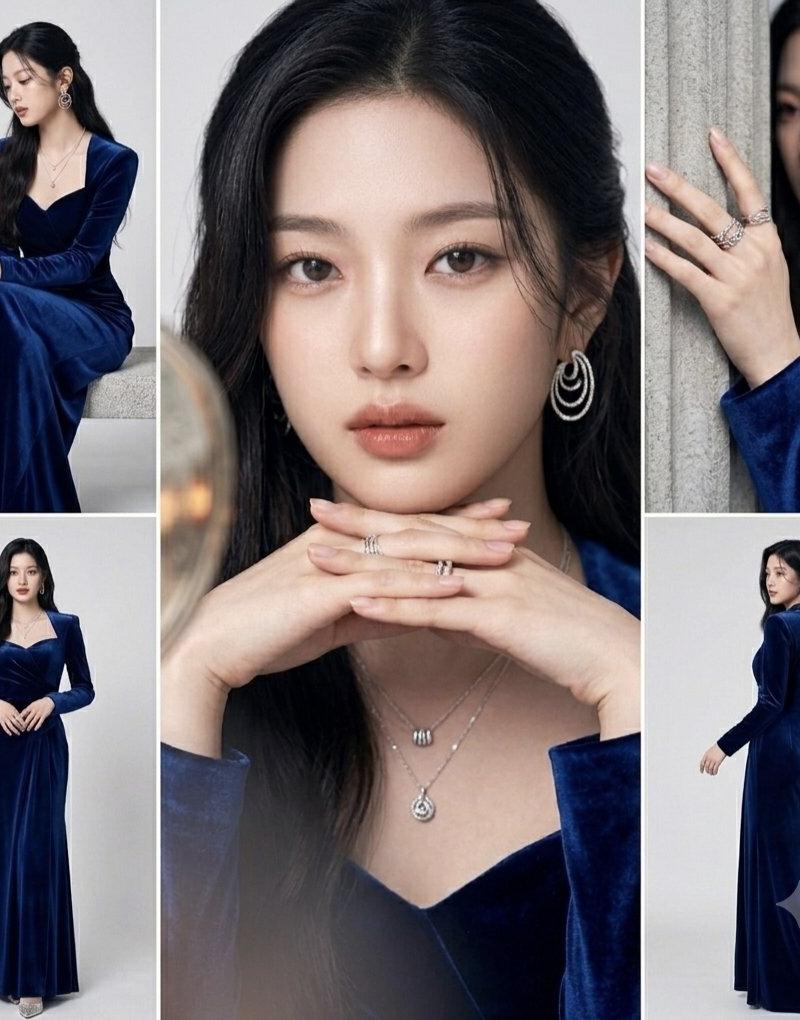 皇家蓝天鹅绒礼服东亚女性珠宝时尚拼贴