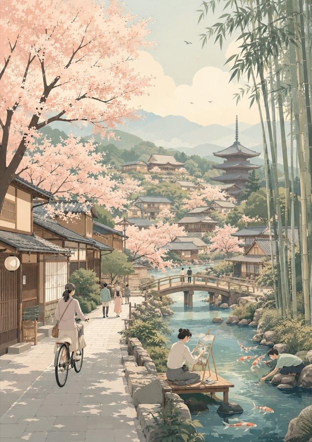圣托里尼悬崖小镇优雅扁平矢量插画