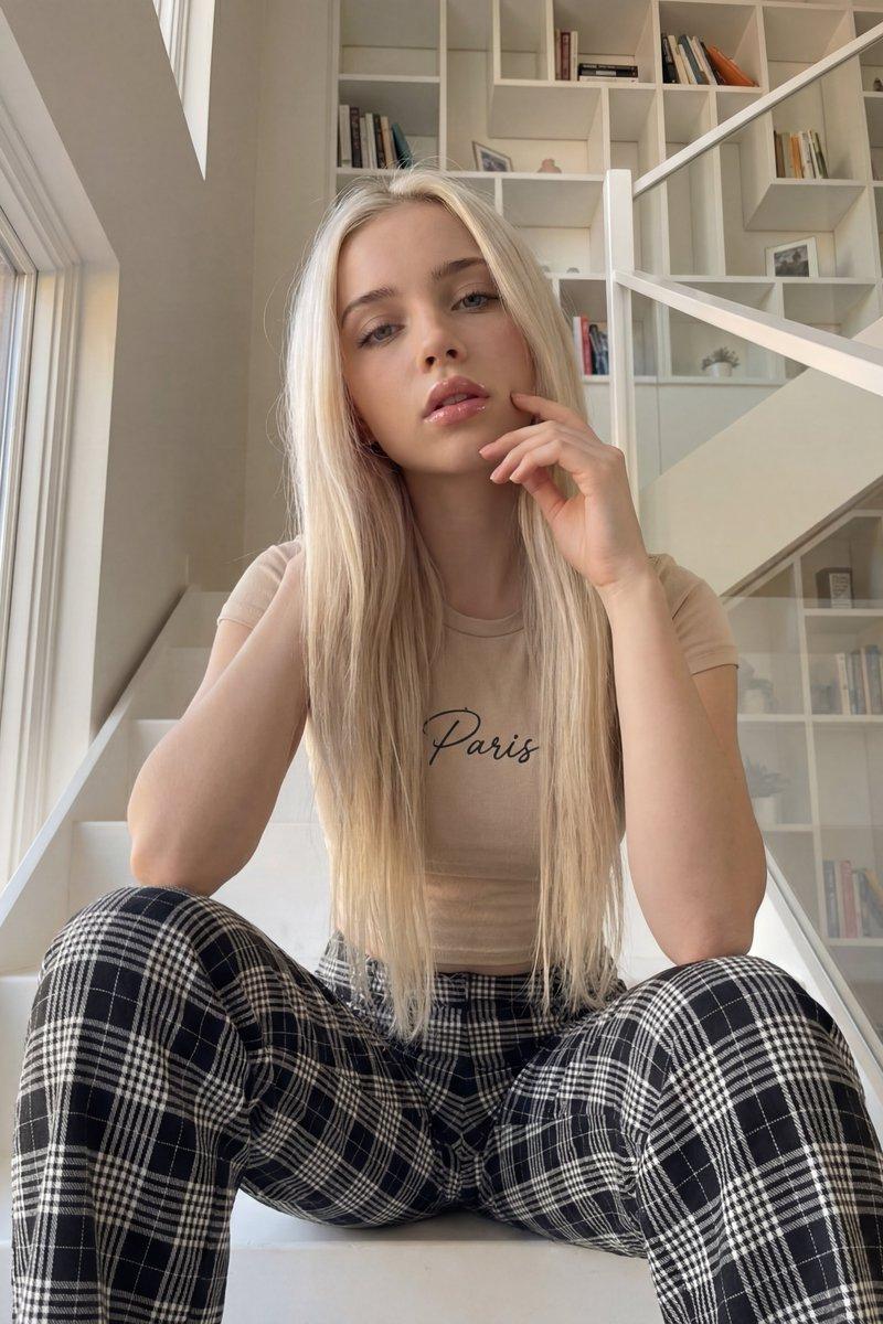 北欧极简光影下的白金长发慵懒少女