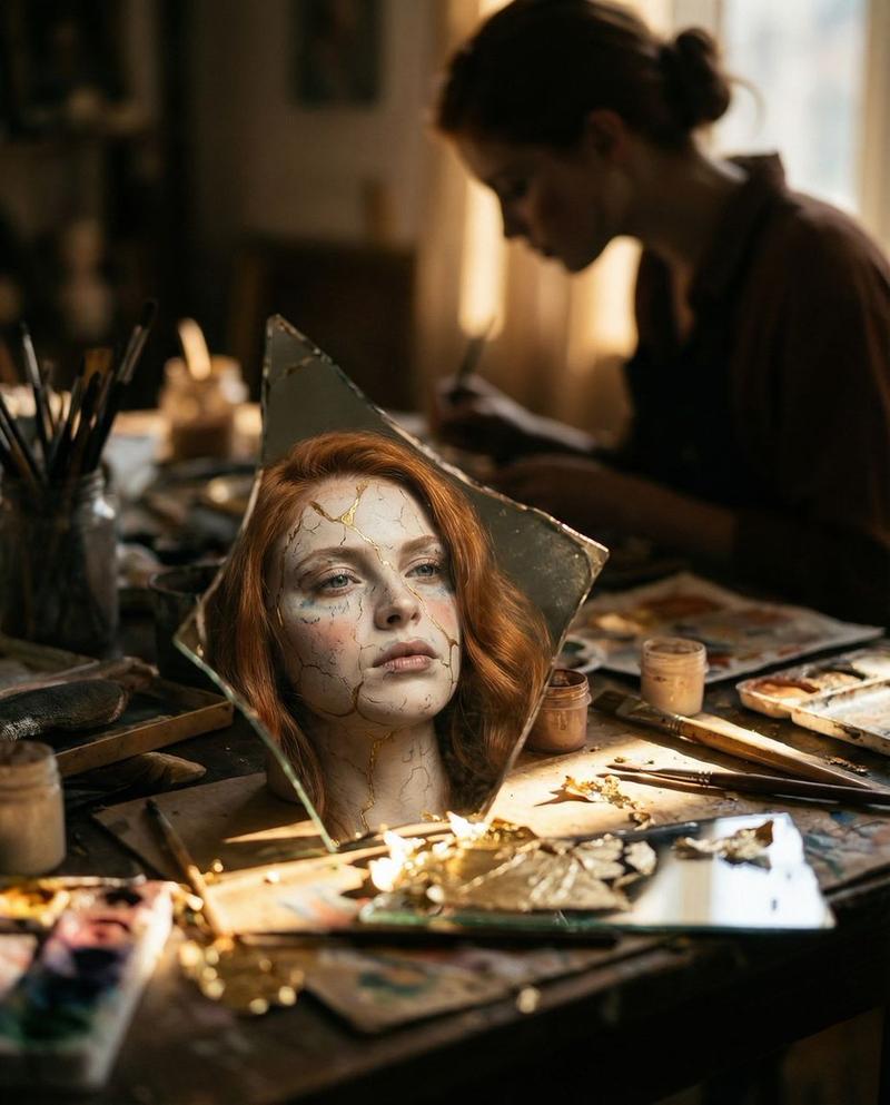 碎镜折射金缮裂纹脸庞的超现实工匠