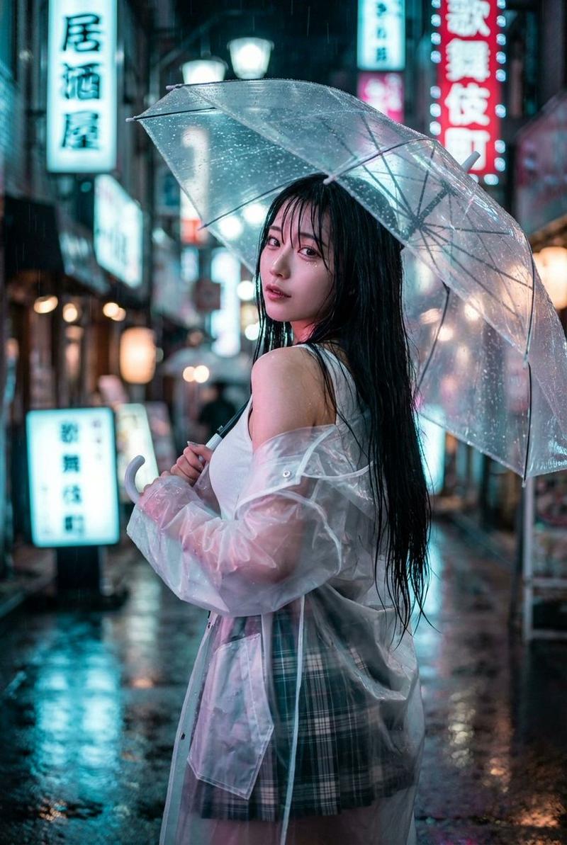 霓虹雨夜涩谷街头的回眸绝美少女