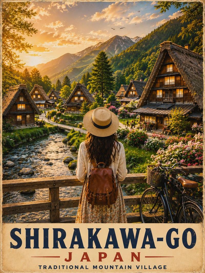 白川乡复古旅行海报金辉落日