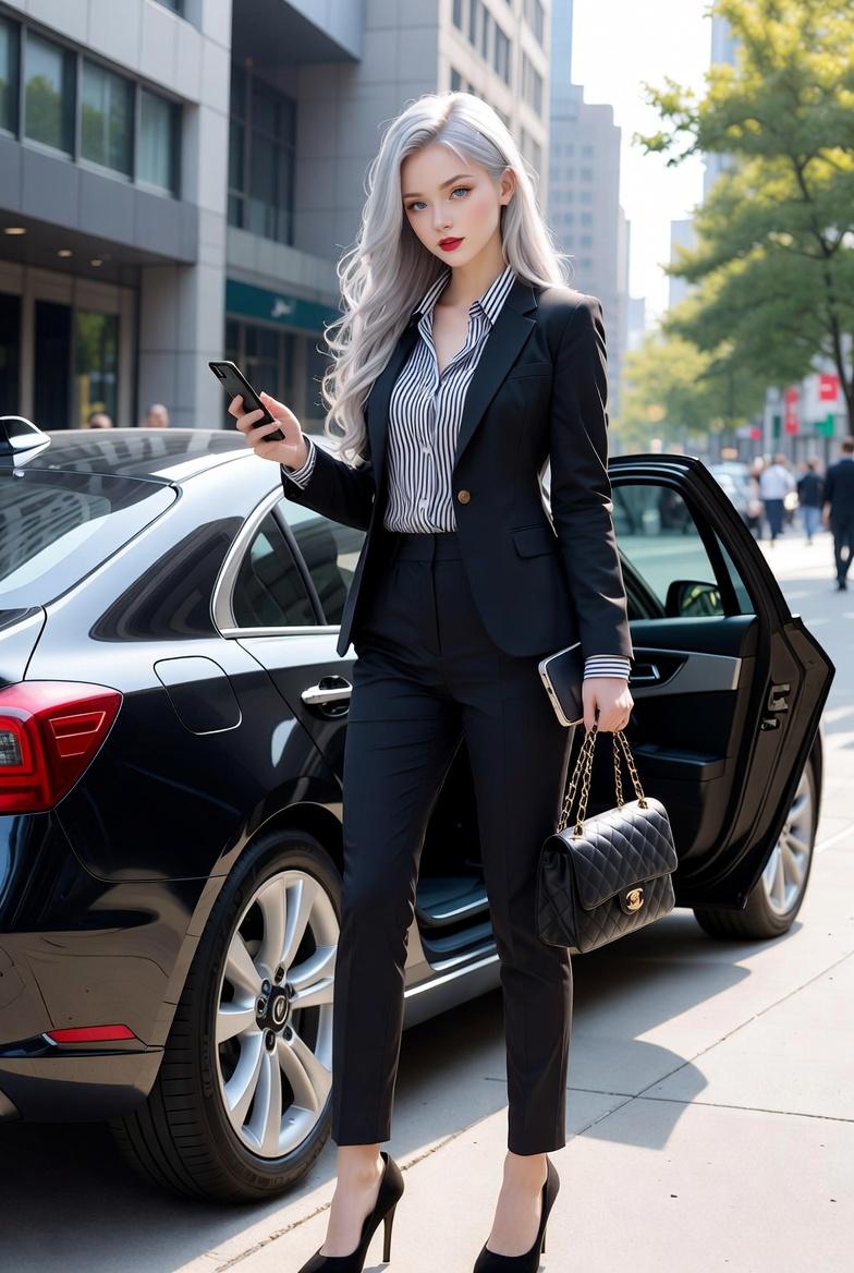 银白长发黑西装职场精英女性街拍