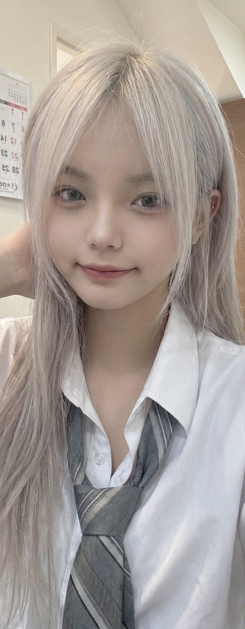 银发日本少女手机自拍写实风格