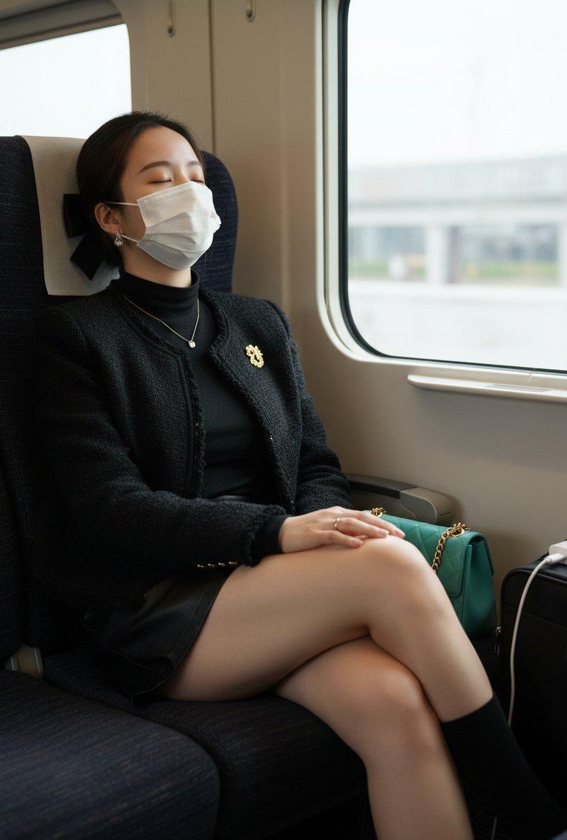 火车窗边沉睡的优雅黑发女郎