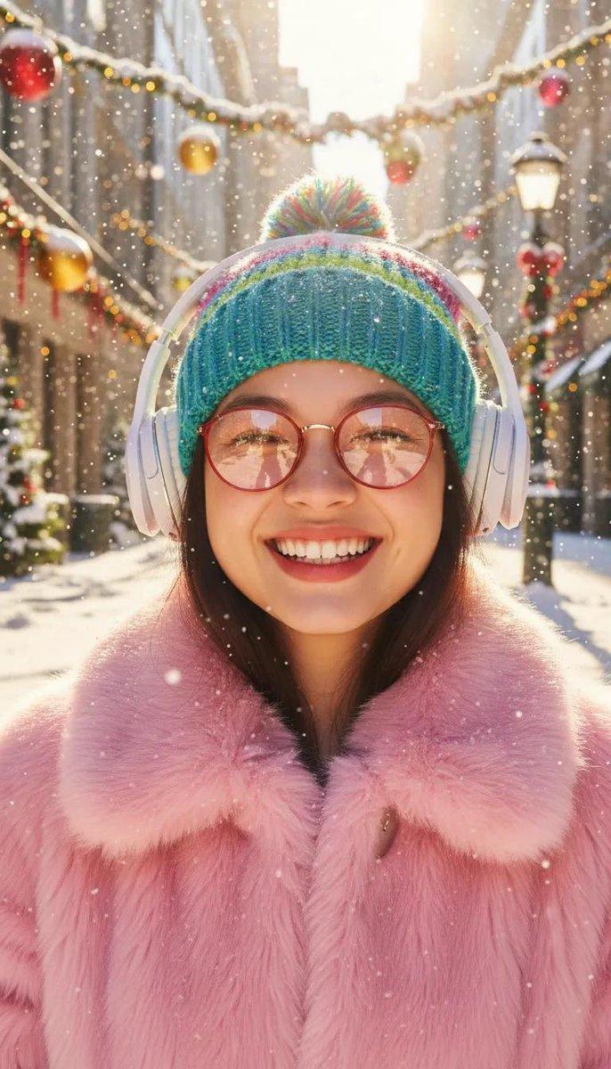 漫天飞雪中身着粉裘的微笑少女
