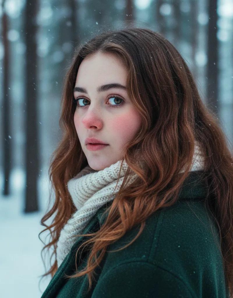 纷飞雪花中凝视的静谧冬日少女