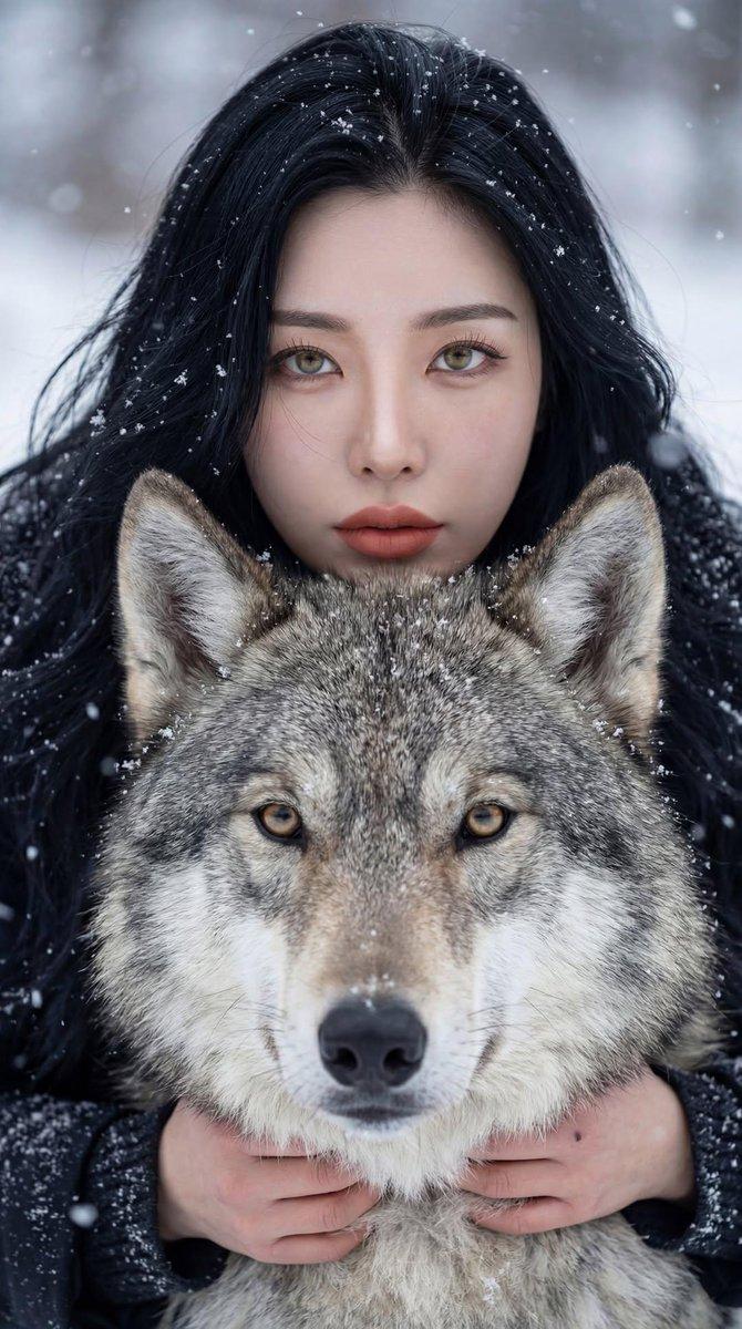 冰雪森林中女子与灰狼的深情羁绊