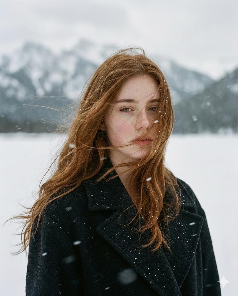 雪山背景下红发少女的电影级写实人像