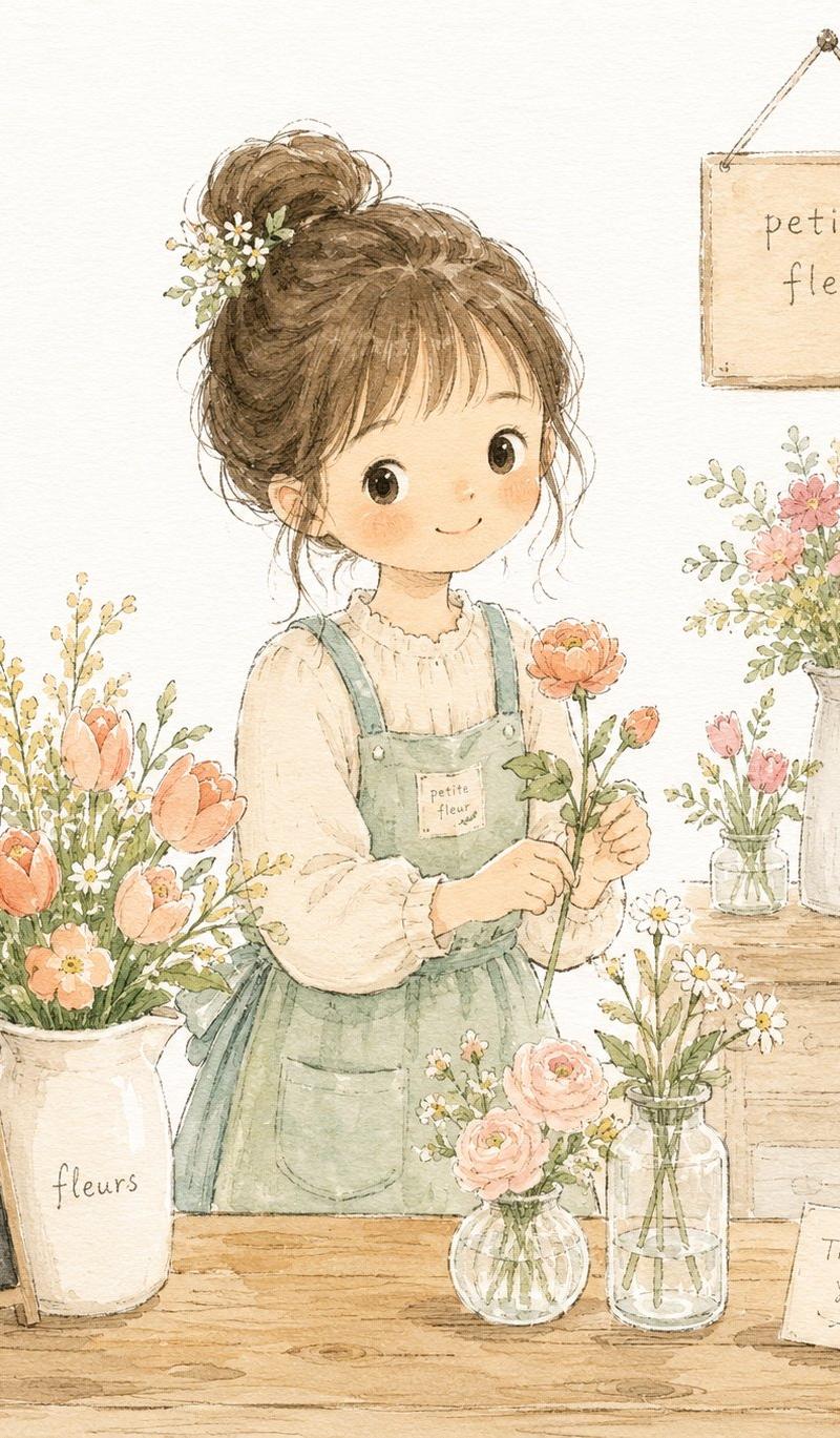 花店里的可爱女孩绘本插画