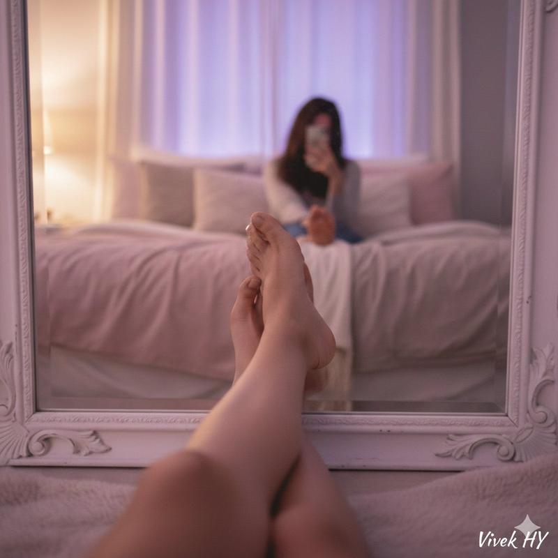 柔和温馨卧室中的唯美镜面腿部倒影