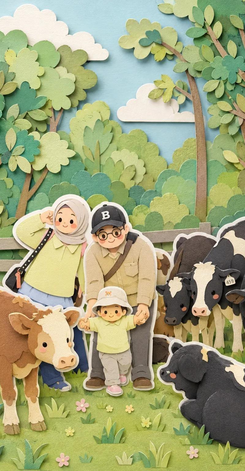 软萌手工剪纸层叠插画风