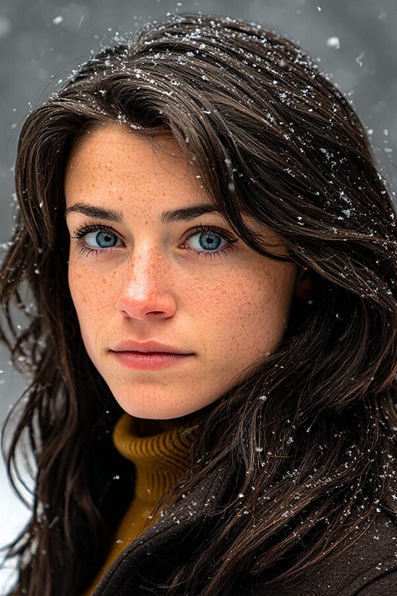漫天飞雪中凝视深空的蓝眼少女写实人像