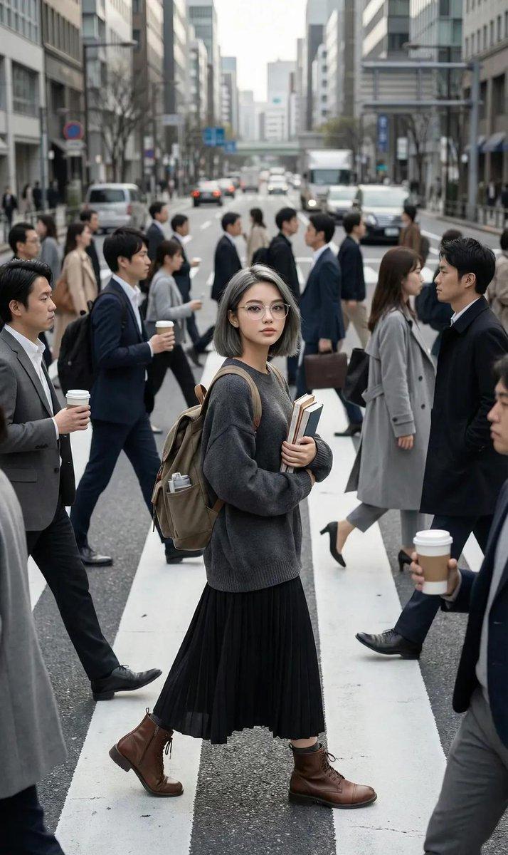 繁华街头的静止少女