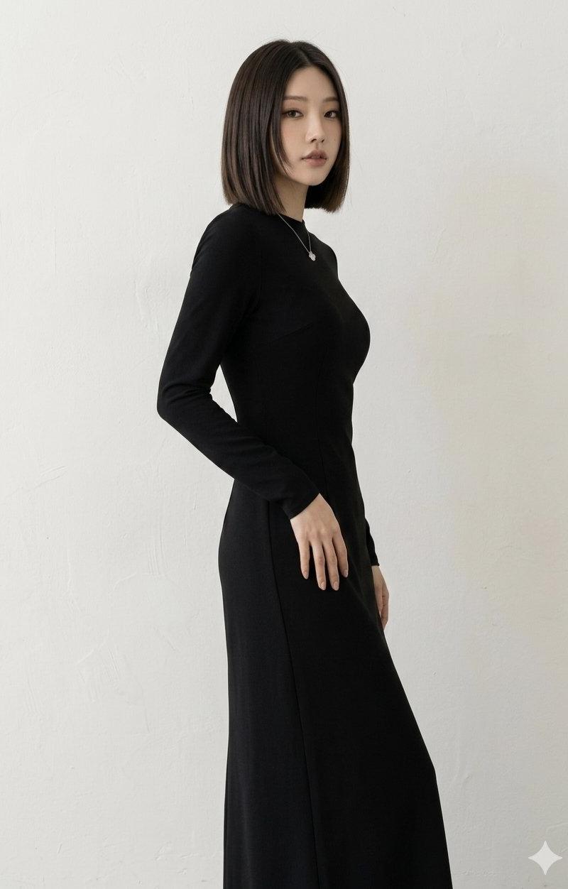 极简主义黑色长裙东亚女性时尚大片