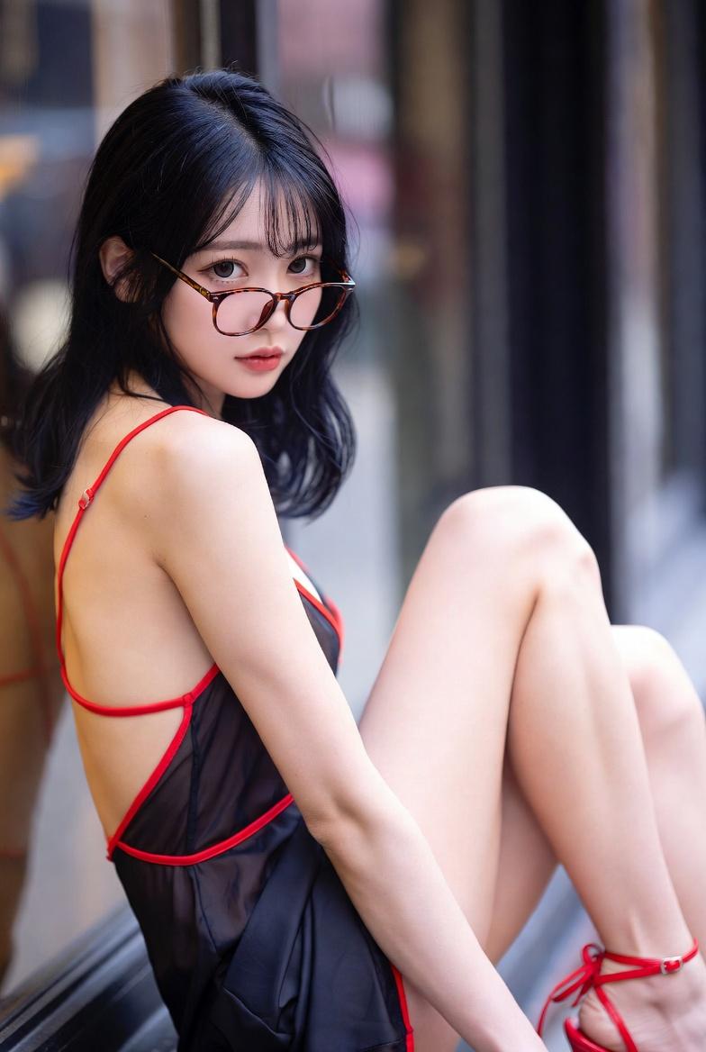 索霍橱窗边的红黑丝绸长裙名模