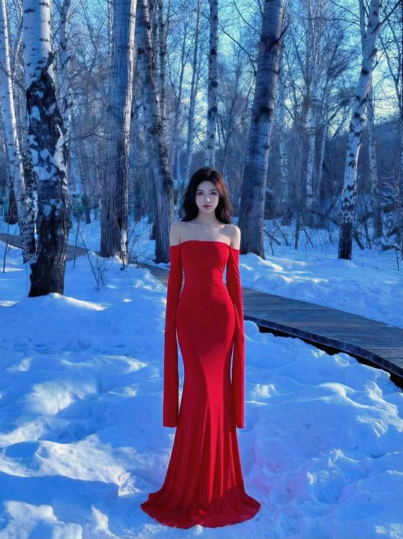 冰雪白桦林中那一抹惊艳的红裙背影