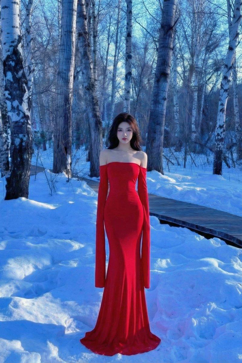 冰雪白桦林中那一抹惊艳的红裙背影