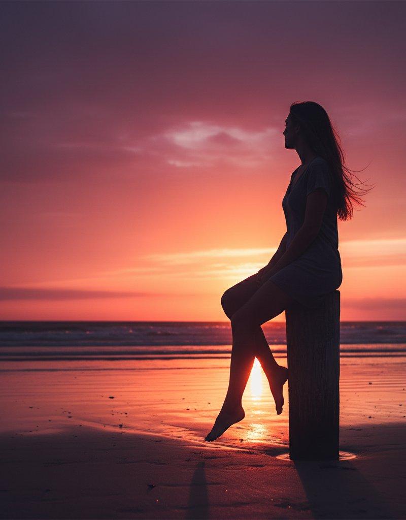 绝美夕阳下海边女子的唯美剪影