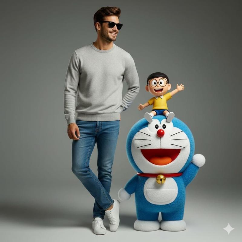 时尚潮男与3D哆啦A梦大雄的趣味合影
