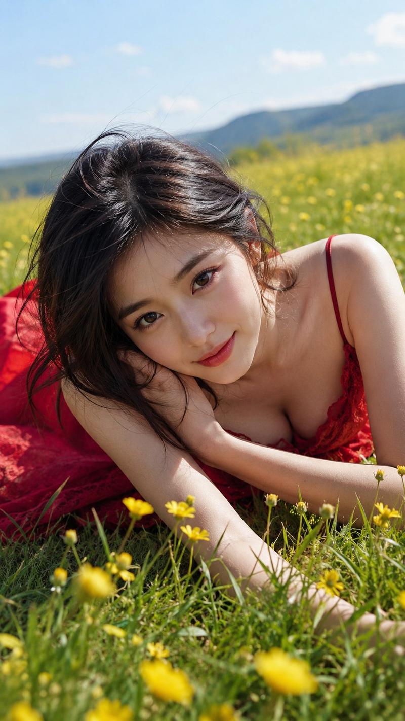 盛夏草地东亚美女写实人像