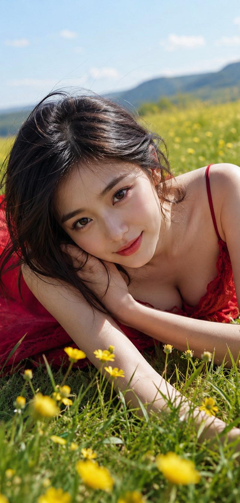 盛夏草地东亚美女写实人像