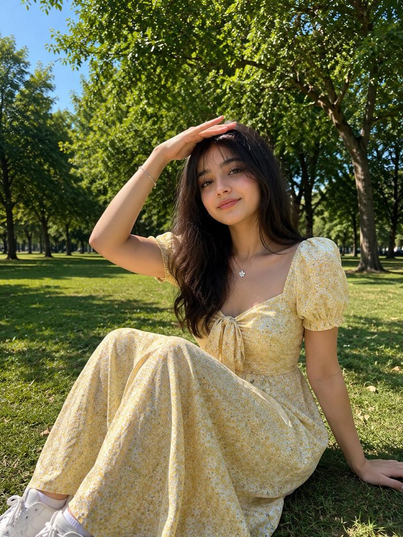 阳光下草坪上穿黄色碎花裙的少女