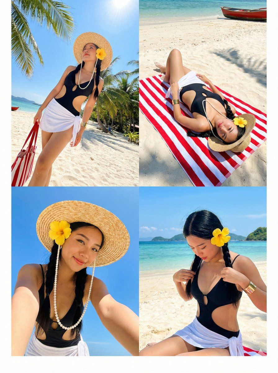 阳光海岛度假风少女四宫格写真