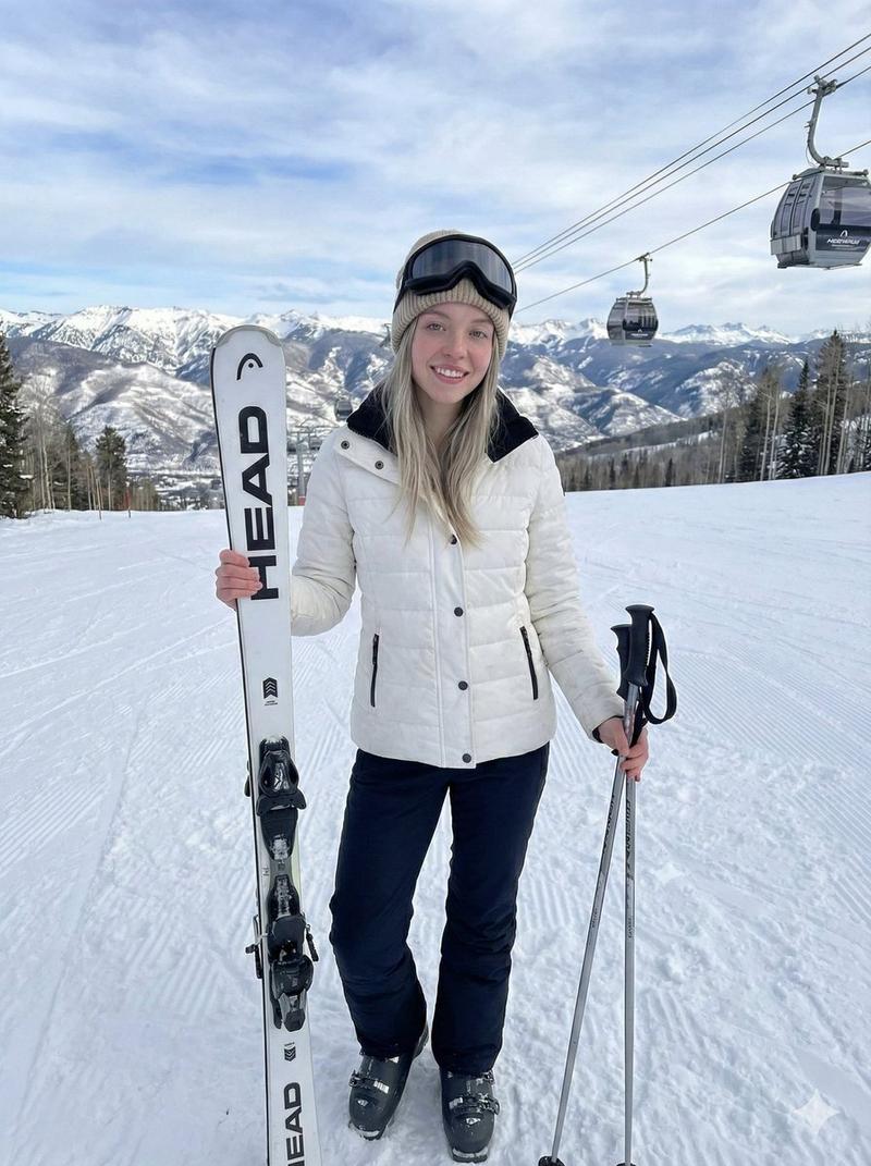 阳光雪道上的金发美女写实滑雪全身照