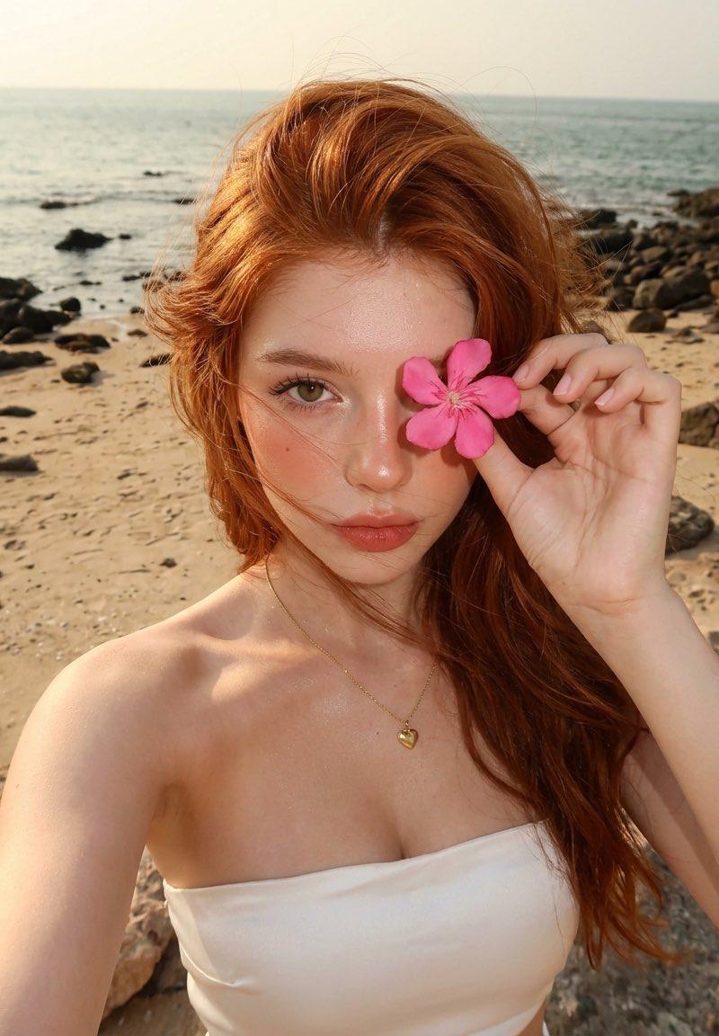 黄昏沙滩红发少女手持鲜花自拍