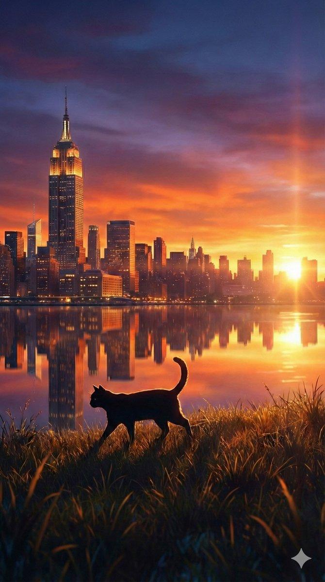 落日余晖下的黑猫与帝国大厦倒影