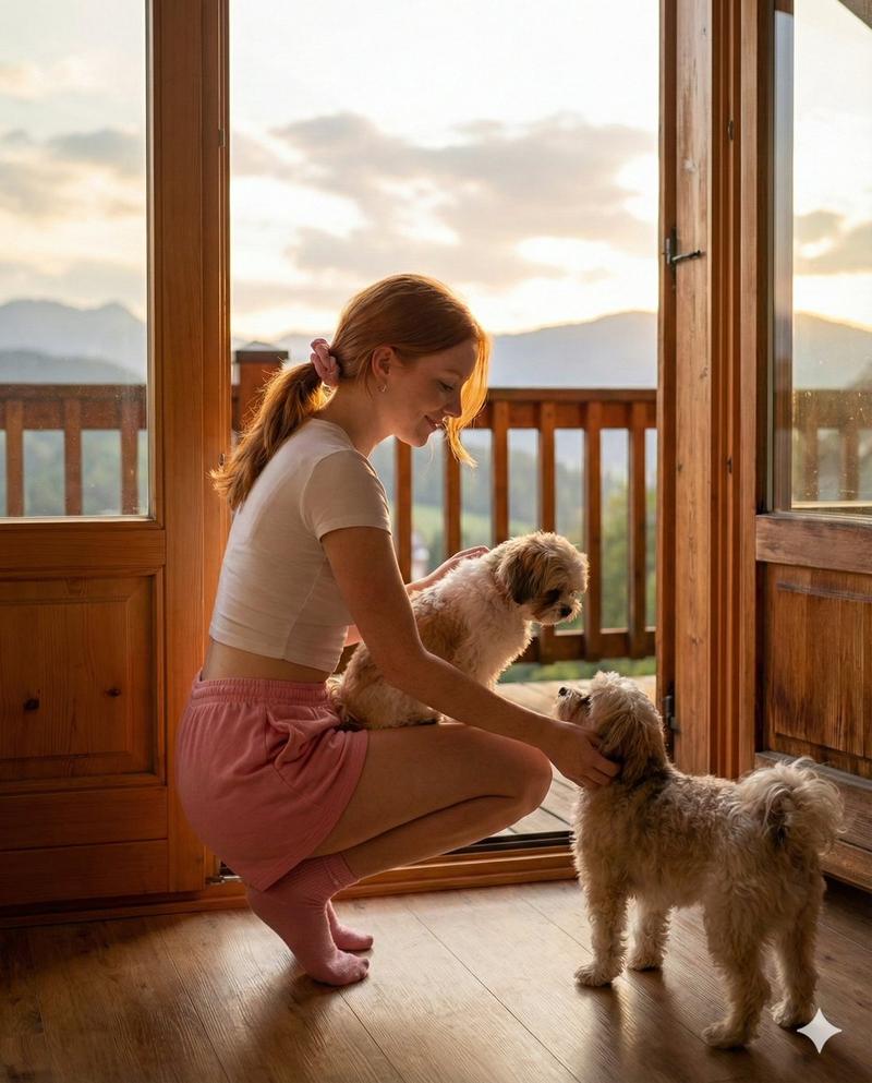 落日余晖洒满木屋,红发少女与爱犬的温馨时光