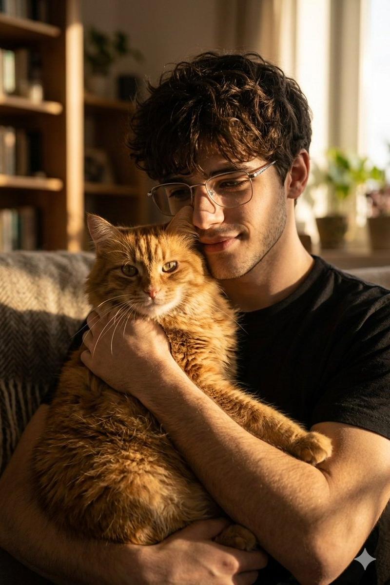 日落余晖下男人温柔拥抱大橘猫