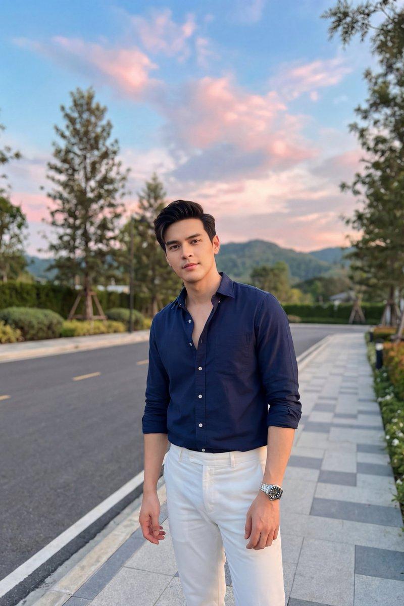 夕阳下的摩登时尚男模