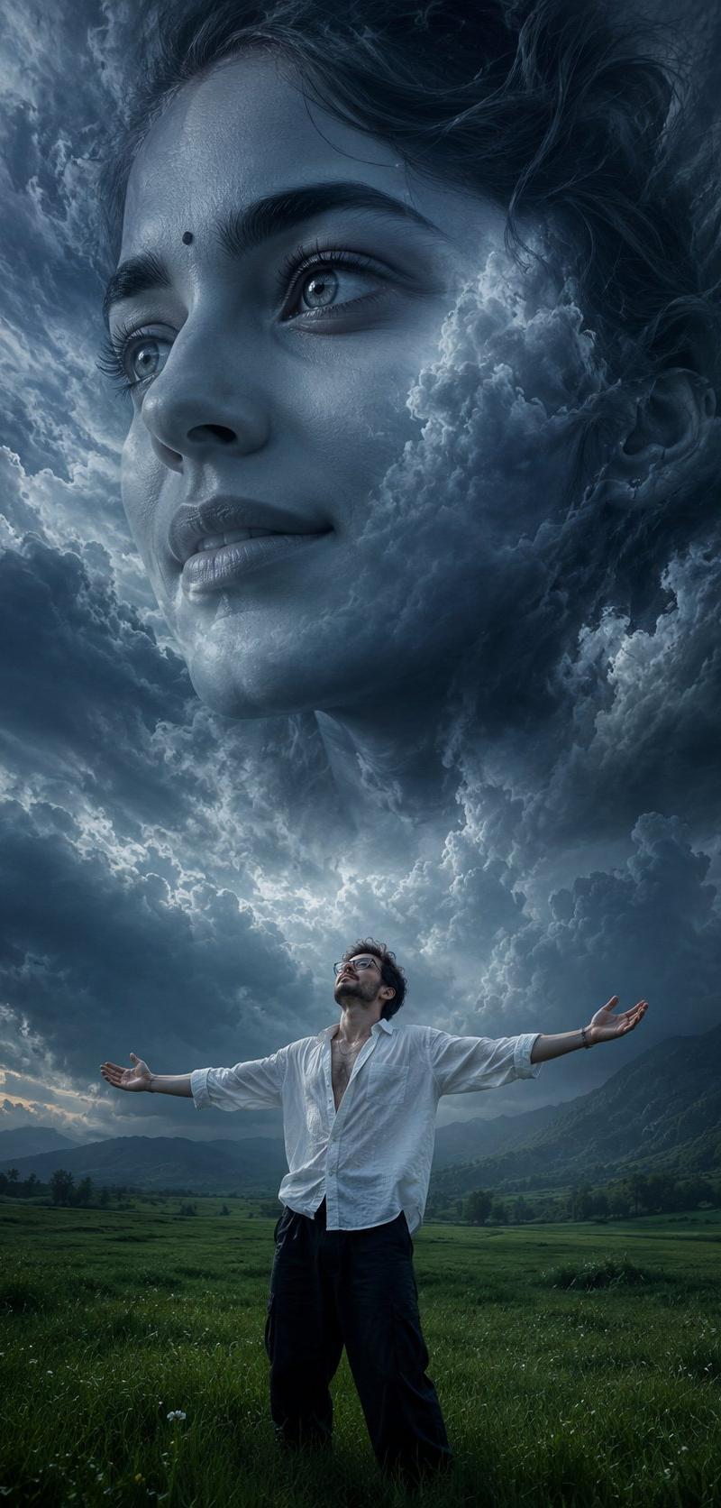 超现实奇幻草原青年与云之面
