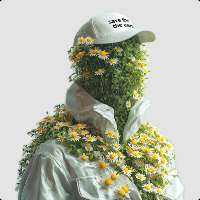 身披绿草雏菊的橙衣超现实时尚人像