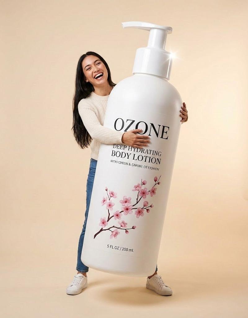 欢笑少女拥抱巨型臭氧身体乳的超现实瞬间