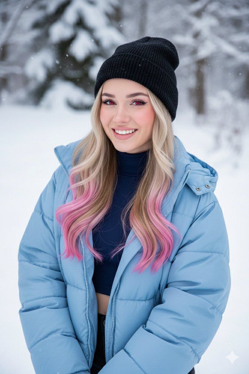 雪景中粉金发红瞳少女的甜美冬日瞬间