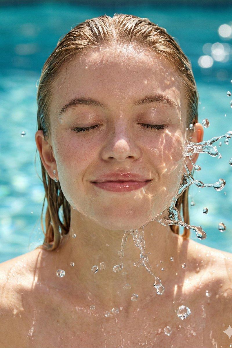 夏日阳光下悉尼斯威尼湿发水珠高清特写