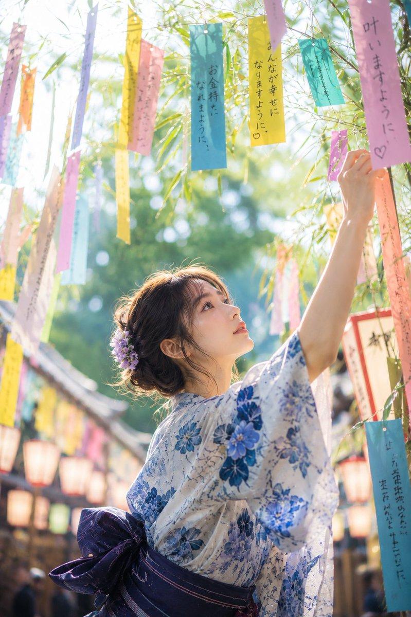 七夕清晨神社浴衣少女祈愿