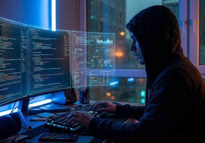 深夜全息屏前的科技黑色电影工程师