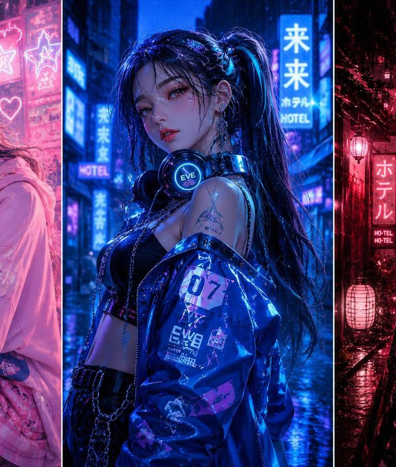 三联屏霓虹Kpop时尚动漫少女