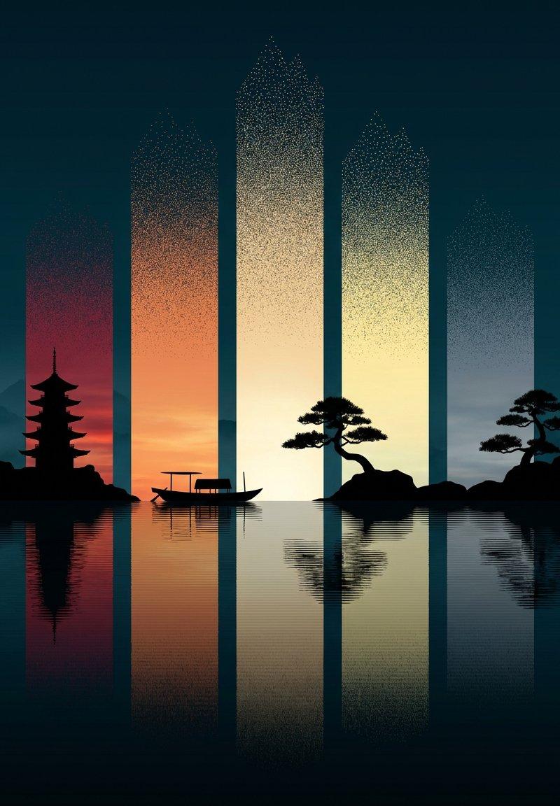 时光切片：垂直光带下的东方禅意倒影