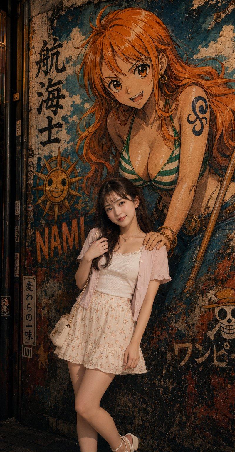东京小巷少女与壁画之手合影