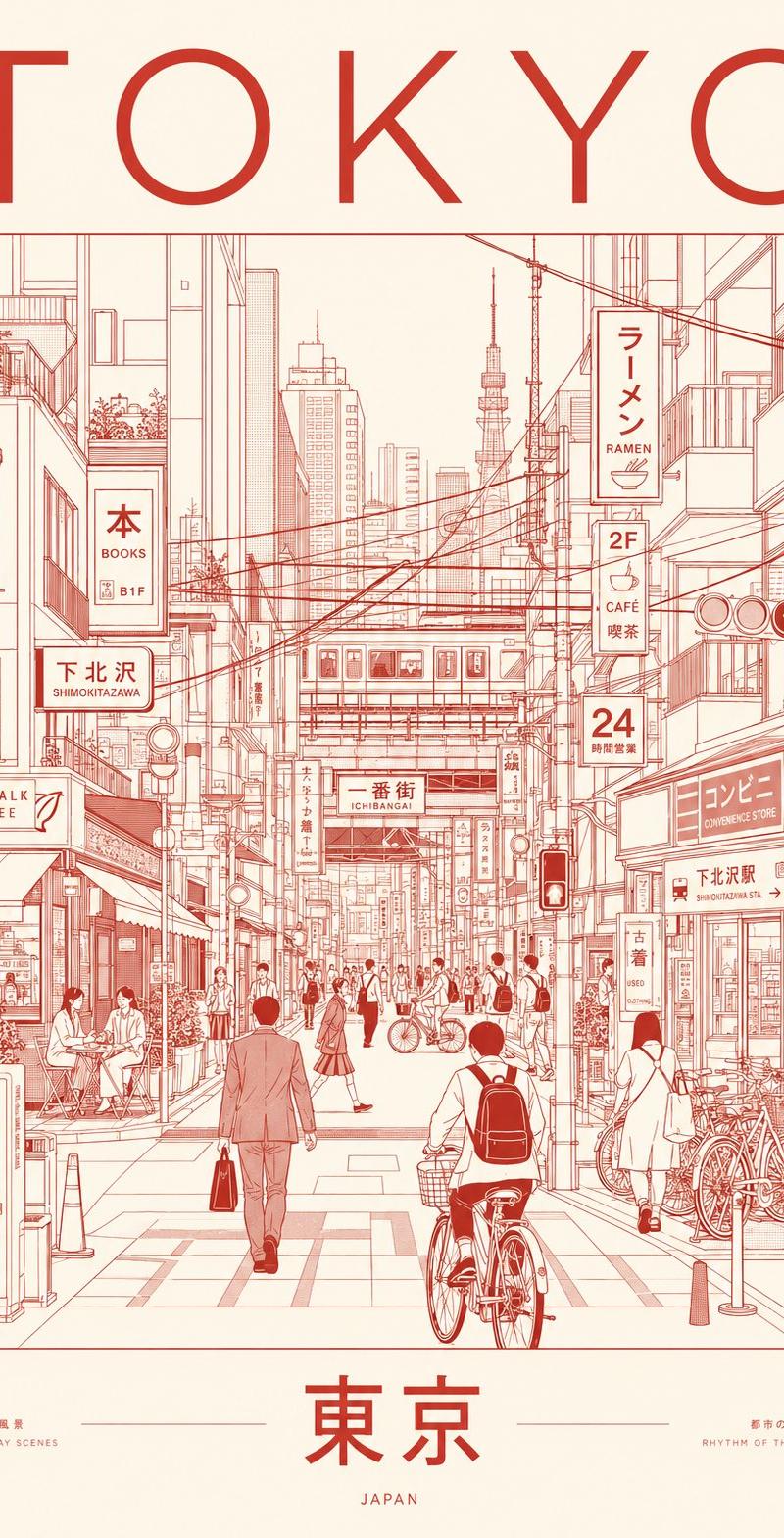 极简主义东京日常街景线稿海报