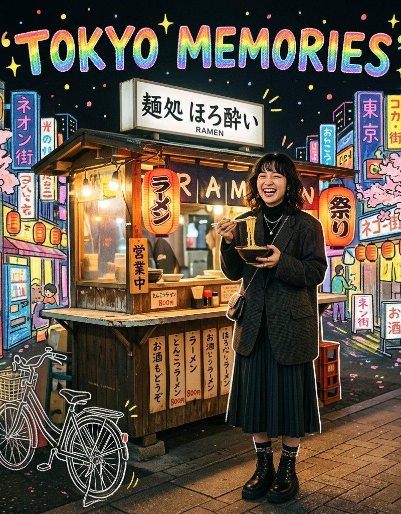 东京之夜时尚少女与蜡笔手绘背景